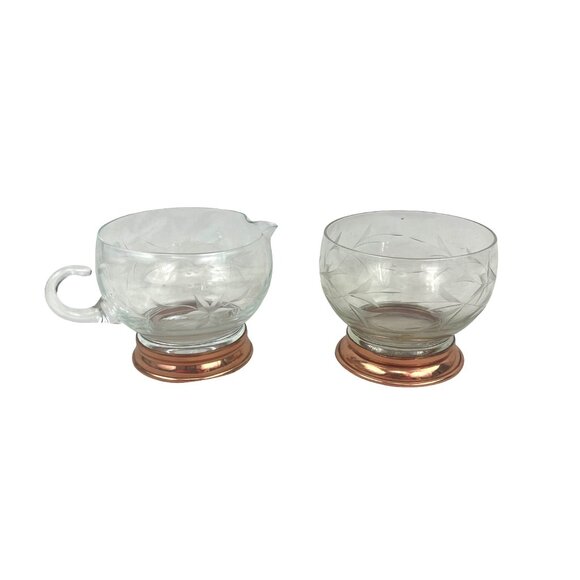 Etched Glass and Copper Base Vintage Glass Creamer and Sugar Bowl Set With Coppe - Picture 3 of 8